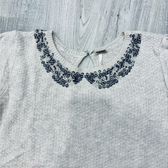 Free People Beaded Cream Short Sleeve Wool Rabbit Hair Sweater Small - Picture 3 of 9